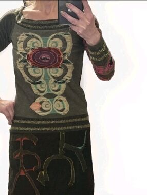 Desigual-NWOT, rich green/gray tunic or dress with gorgeous details Size Small